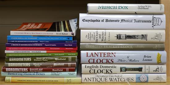 A quantity of reference books relating to clocks, watches, barometers, musical boxes, etc.